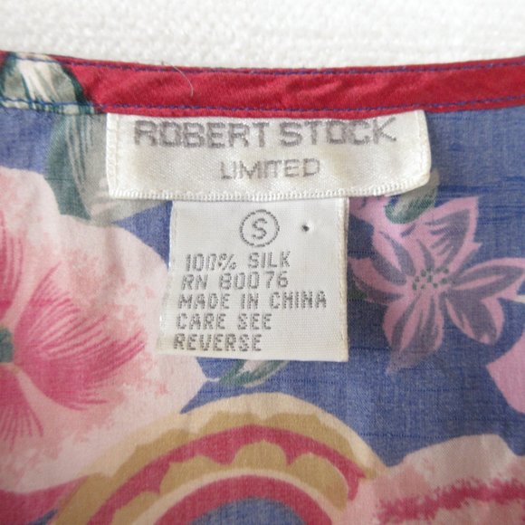 Vintage Robert Stock Red Pink Blue Printed Silk Pajama Top Size S Button Down - Picture 5 of 10
